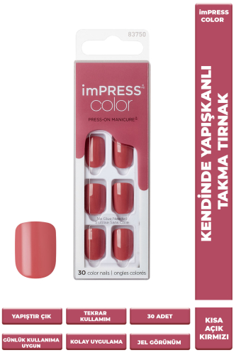 İmpress Color Kendinden Yapışkanlı Takma Tırnak Kısa Açık Kırmızı - 1