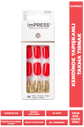 İmpress Kendinden Yapışkanlı Takma Tırnak Uzun Nar Çiçeği Simli - 1