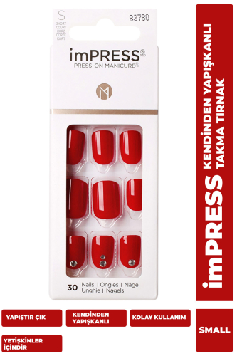 İmpress Kendinden Yapışkanlı Takma Tırnak Kısa Kırmızı Taşlı - imPRESS