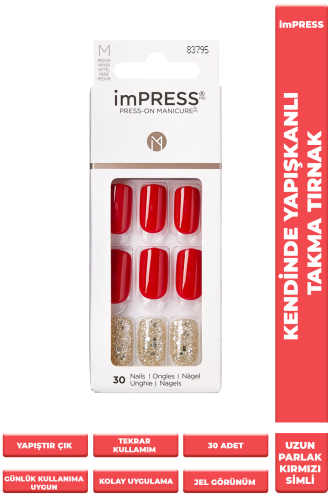 İmpress Kendinden Yapışkanlı Takma Tırnak Uzun Kırmızı Simli - 1